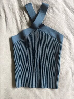 Babaton Aritzia Dusty Blue Sculpt Knit Criss-Cross Halter Crop Top - XS